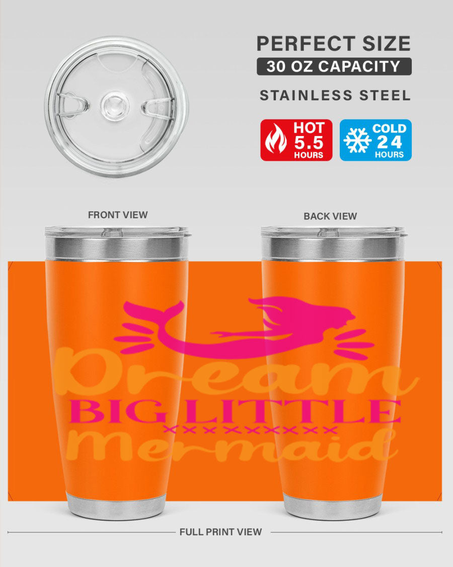 Dream Big Little Mermaid 20oz tumbler featuring a vibrant design, double wall vacuum stainless steel, and a press-in drink-thru lid.