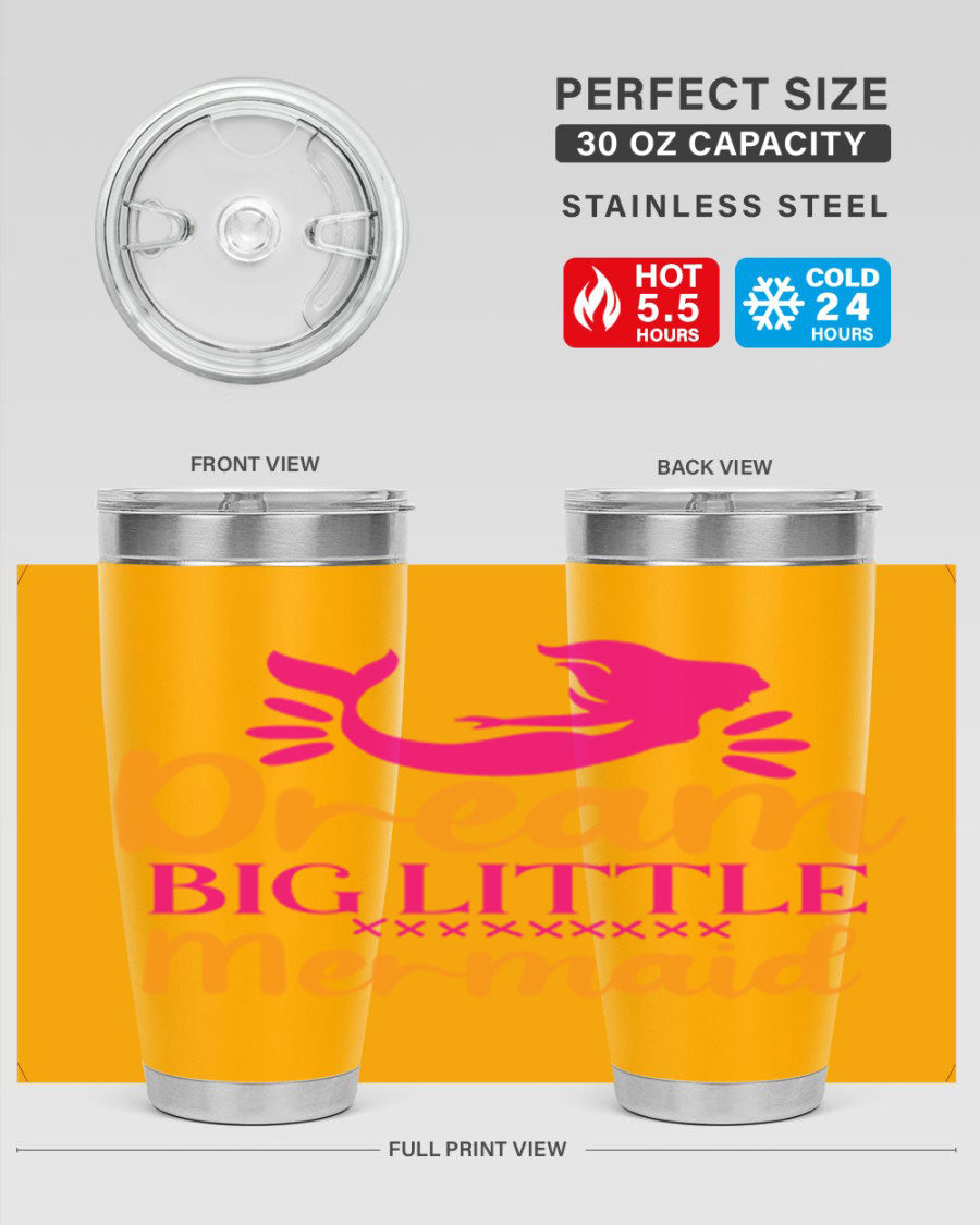 Dream Big Little Mermaid 20oz tumbler featuring a vibrant design, double wall vacuum stainless steel, and a press-in drink-thru lid.