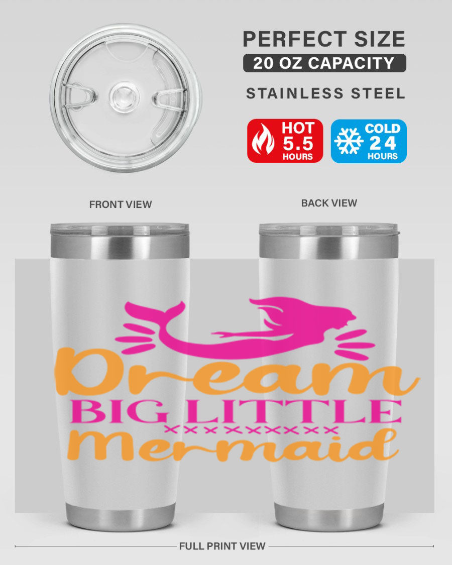 Dream Big Little Mermaid 20oz tumbler featuring a vibrant design, double wall vacuum stainless steel, and a press-in drink-thru lid.