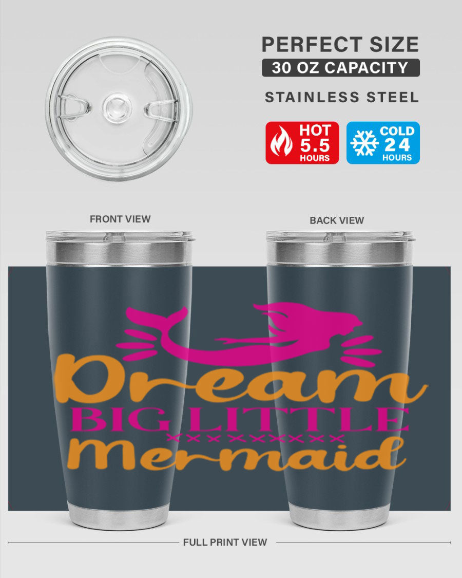 Dream Big Little Mermaid 20oz tumbler featuring a vibrant design, double wall vacuum stainless steel, and a press-in drink-thru lid.