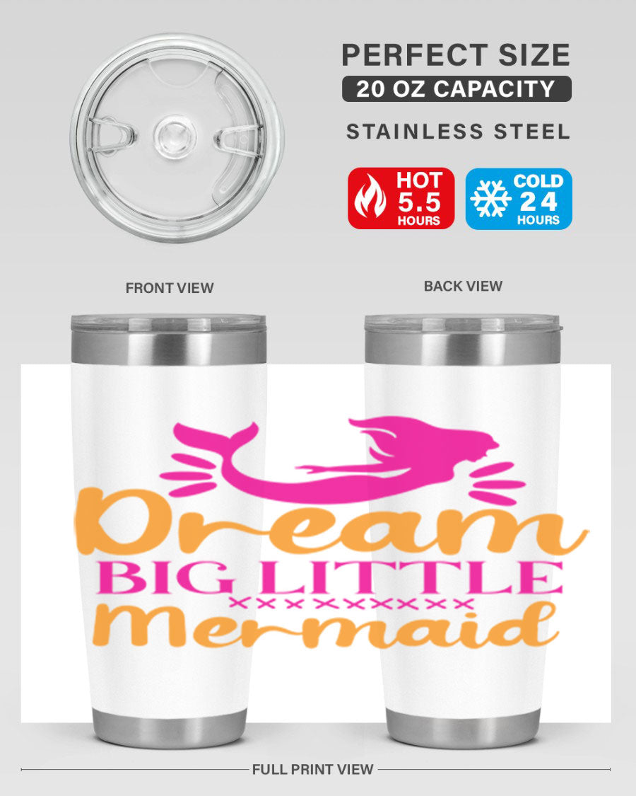 Dream Big Little Mermaid 20oz tumbler featuring a vibrant design, double wall vacuum stainless steel, and a press-in drink-thru lid.
