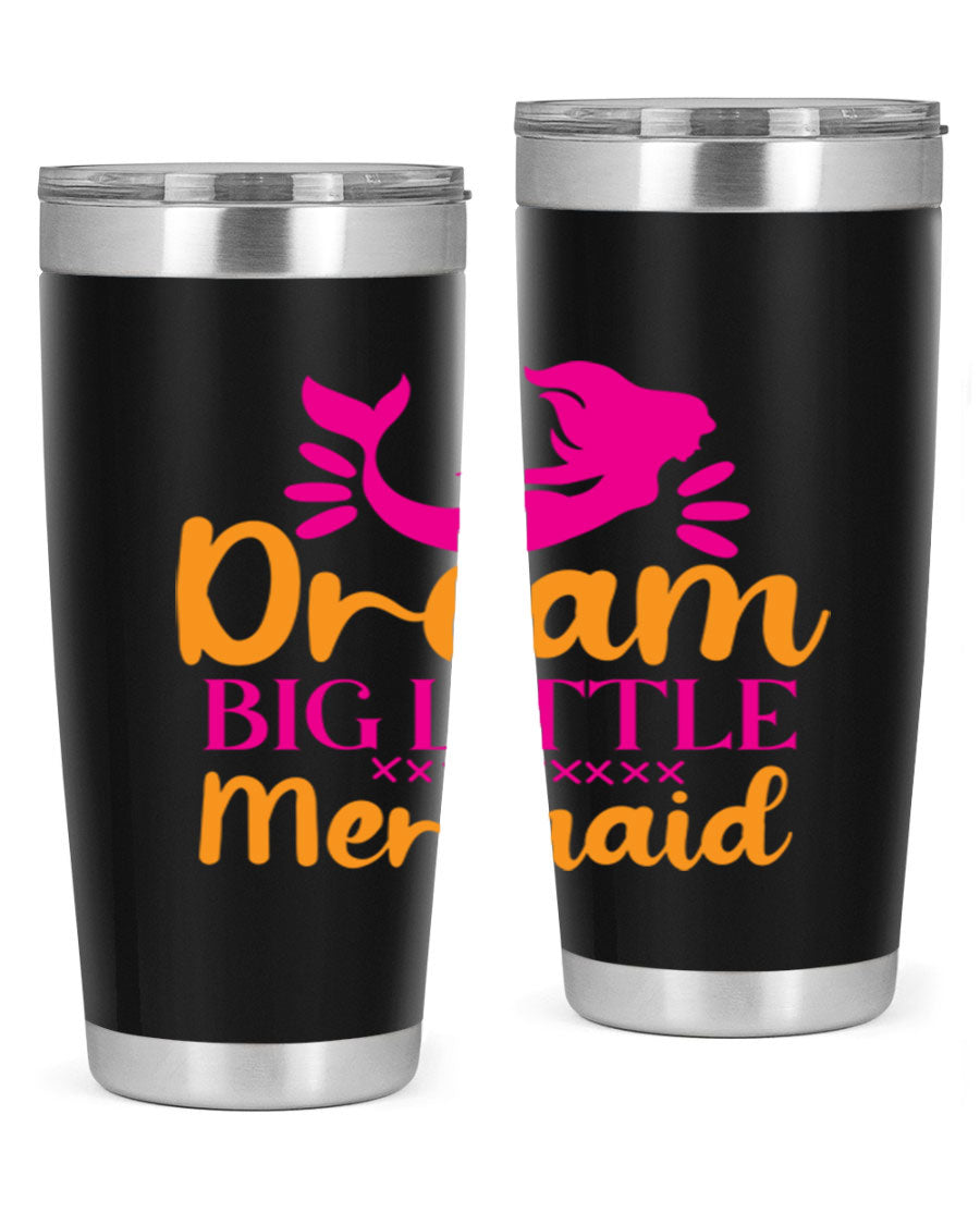 Dream Big Little Mermaid 20oz tumbler featuring a vibrant design, double wall vacuum stainless steel, and a press-in drink-thru lid.
