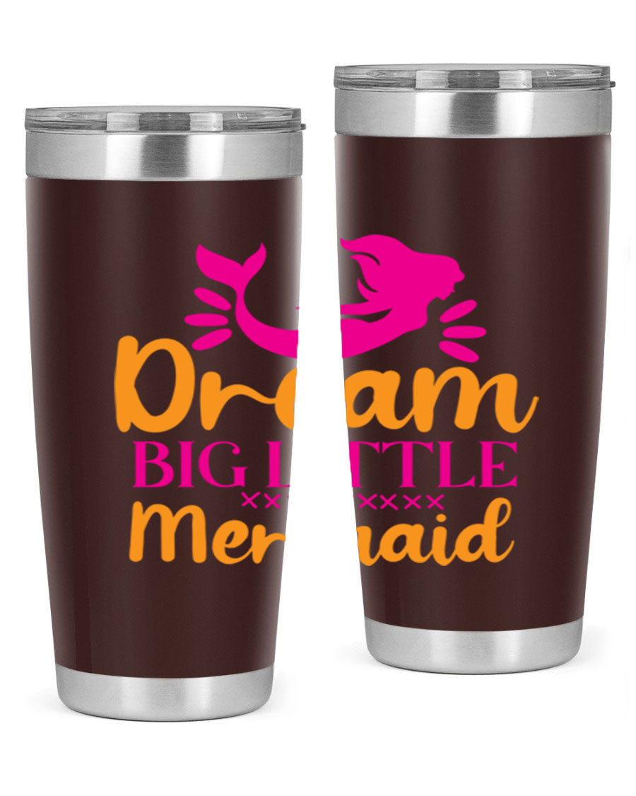 Dream Big Little Mermaid 20oz tumbler featuring a vibrant design, double wall vacuum stainless steel, and a press-in drink-thru lid.
