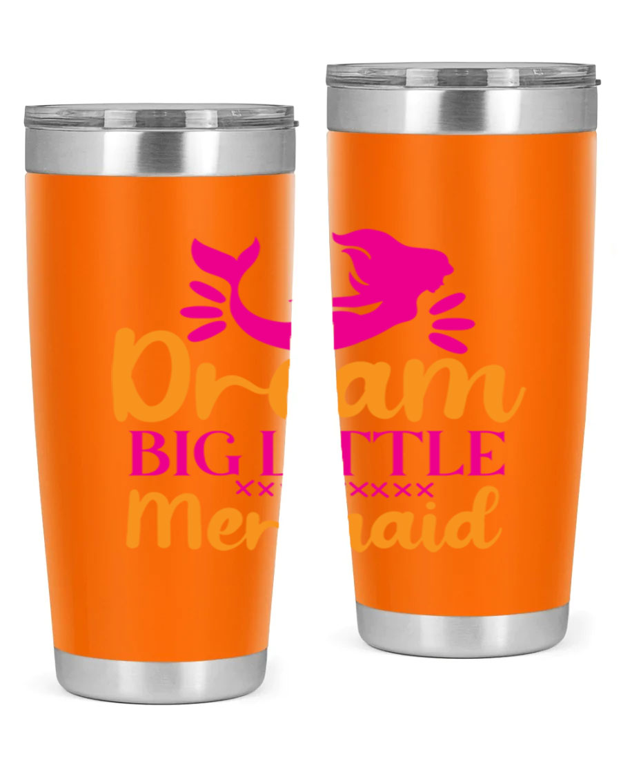 Dream Big Little Mermaid 20oz tumbler featuring a vibrant design, double wall vacuum stainless steel, and a press-in drink-thru lid.