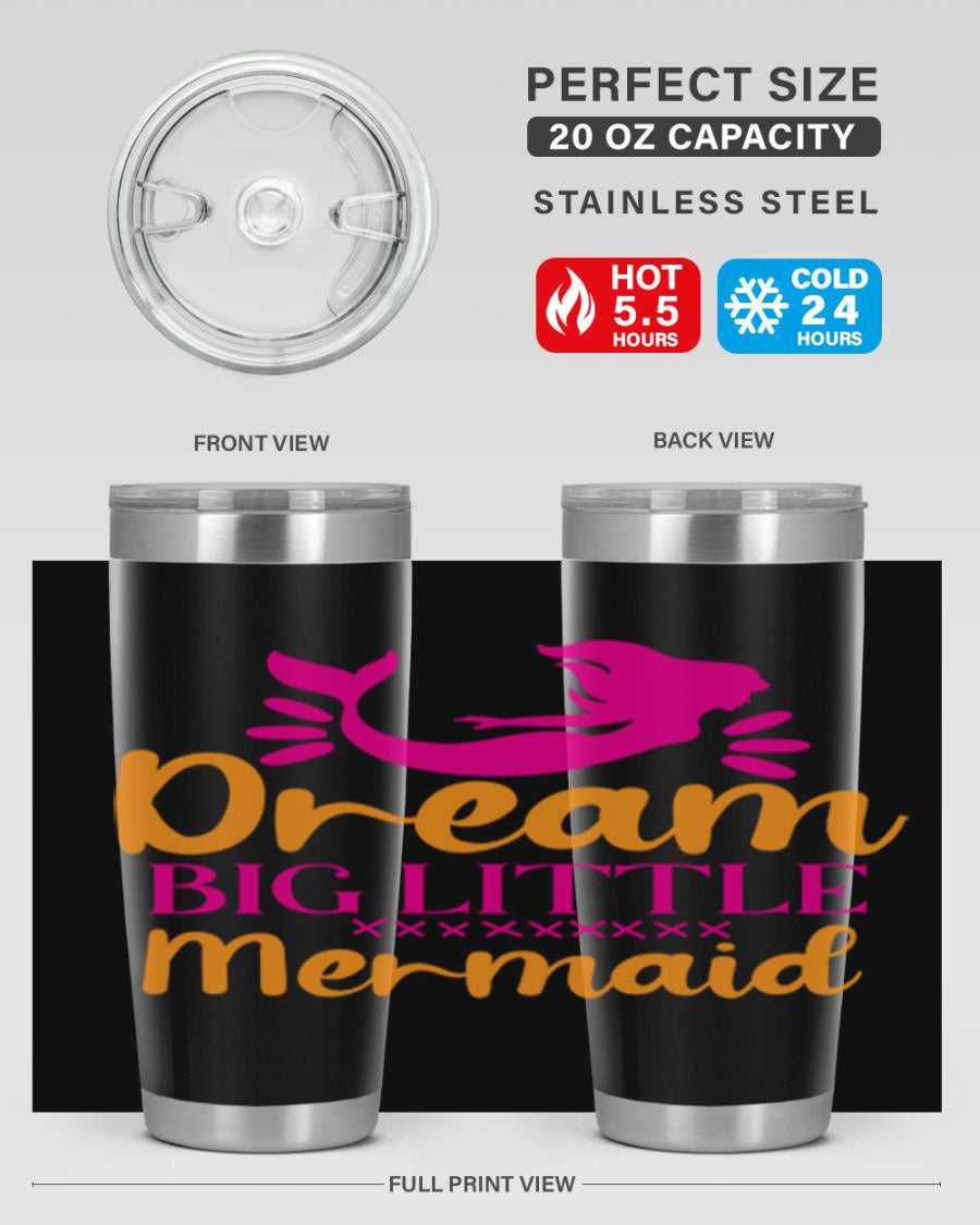 Dream Big Little Mermaid 20oz tumbler featuring a vibrant design, double wall vacuum stainless steel, and a press-in drink-thru lid.