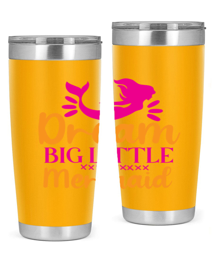 Dream Big Little Mermaid 20oz tumbler featuring a vibrant design, double wall vacuum stainless steel, and a press-in drink-thru lid.