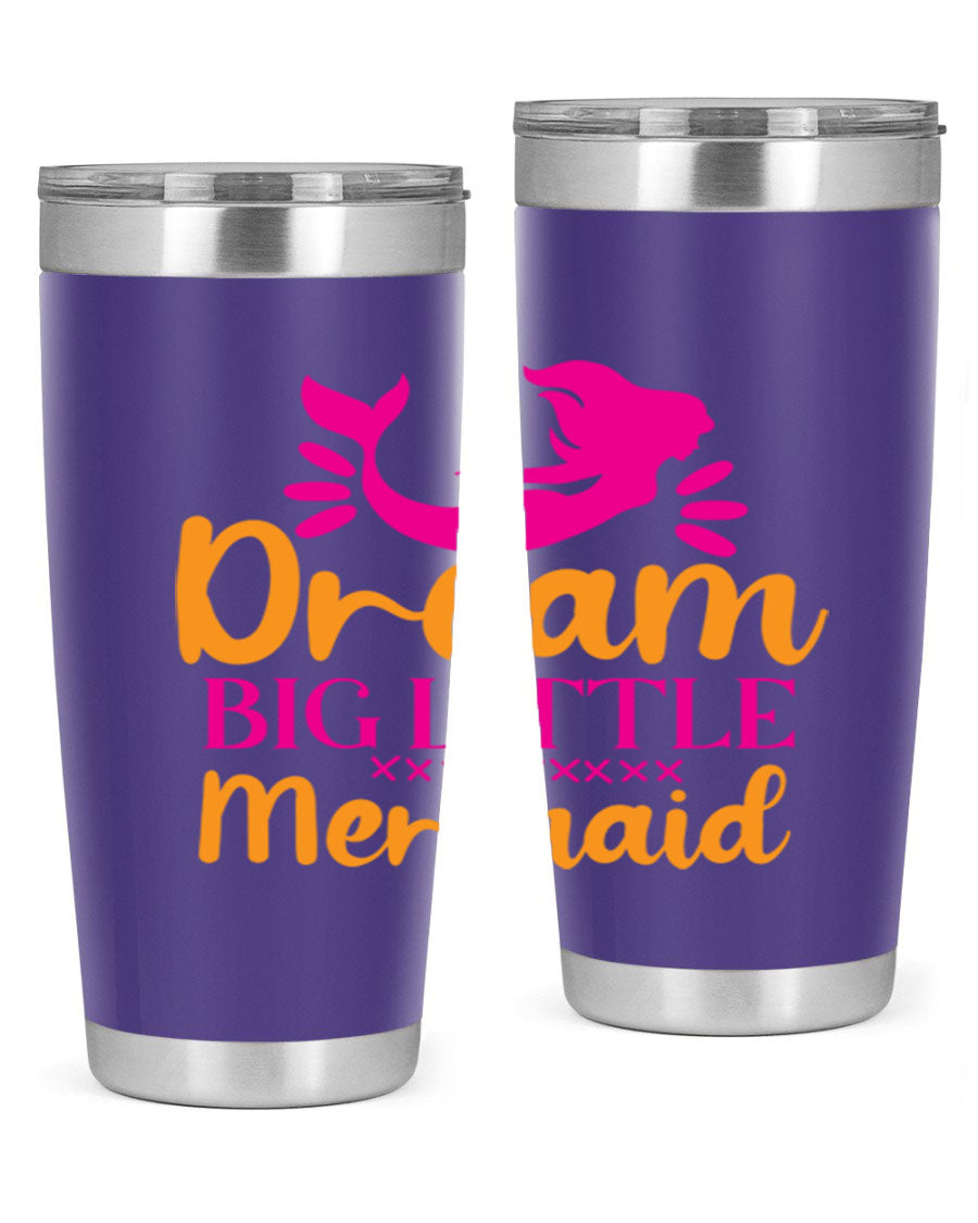 Dream Big Little Mermaid 20oz tumbler featuring a vibrant design, double wall vacuum stainless steel, and a press-in drink-thru lid.