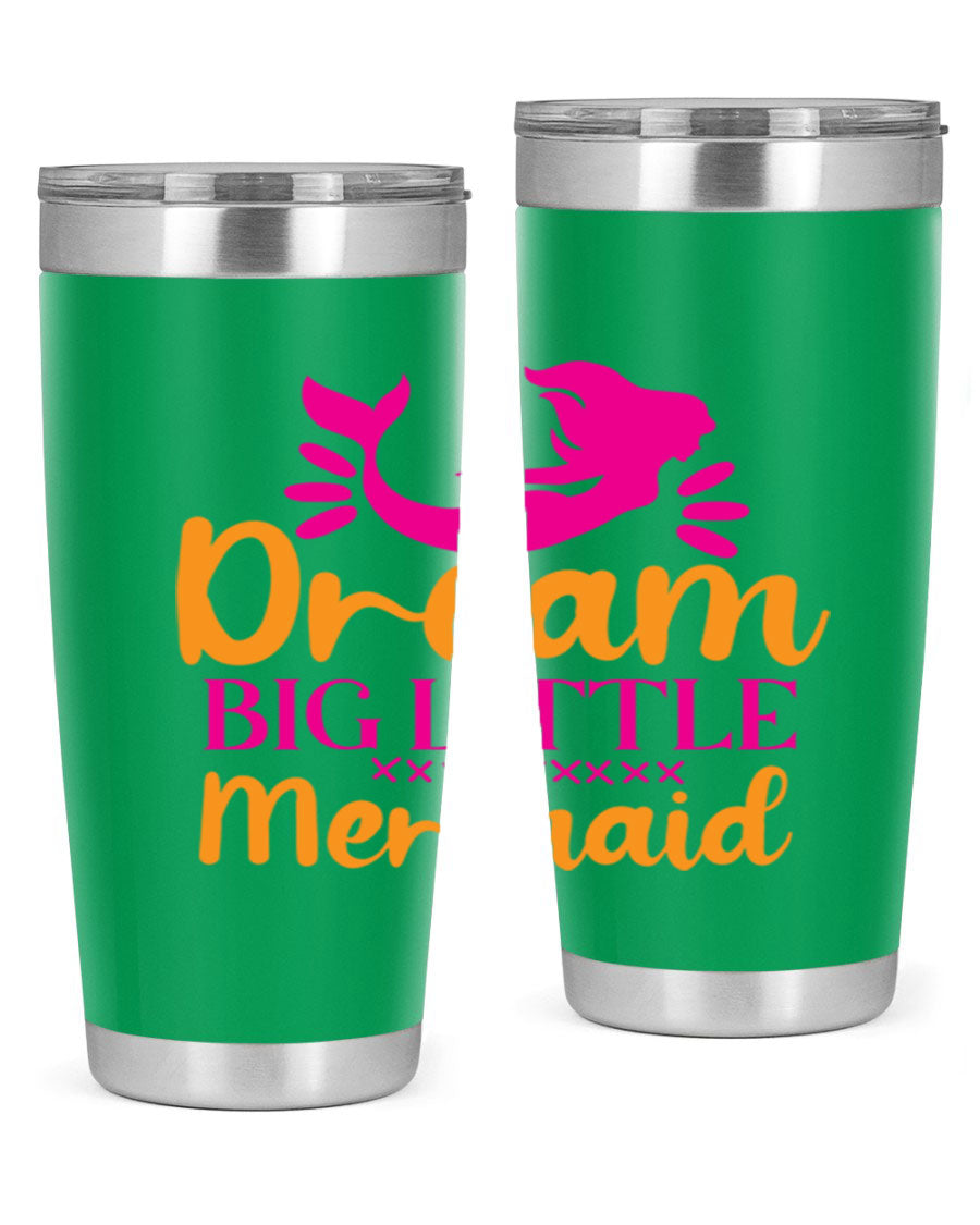 Dream Big Little Mermaid 20oz tumbler featuring a vibrant design, double wall vacuum stainless steel, and a press-in drink-thru lid.