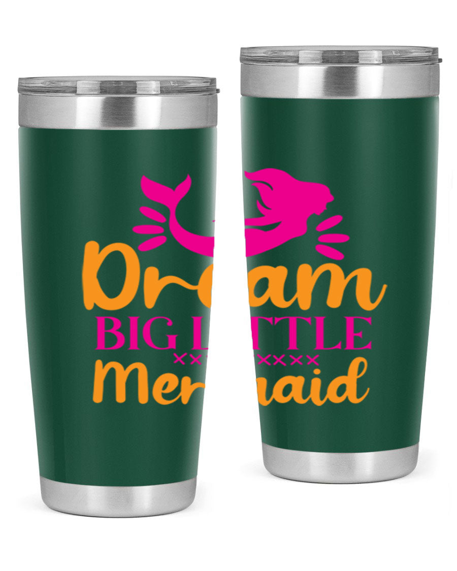 Dream Big Little Mermaid 20oz tumbler featuring a vibrant design, double wall vacuum stainless steel, and a press-in drink-thru lid.
