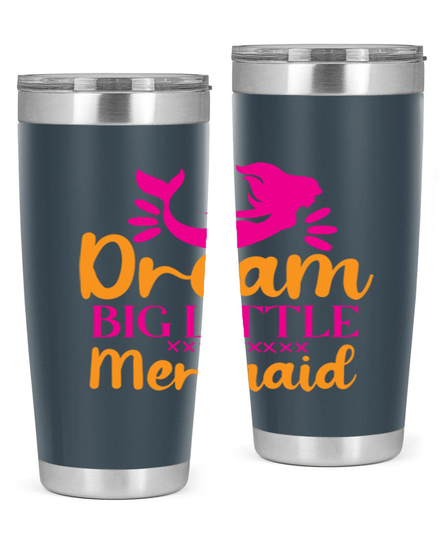 Dream Big Little Mermaid 20oz tumbler featuring a vibrant design, double wall vacuum stainless steel, and a press-in drink-thru lid.