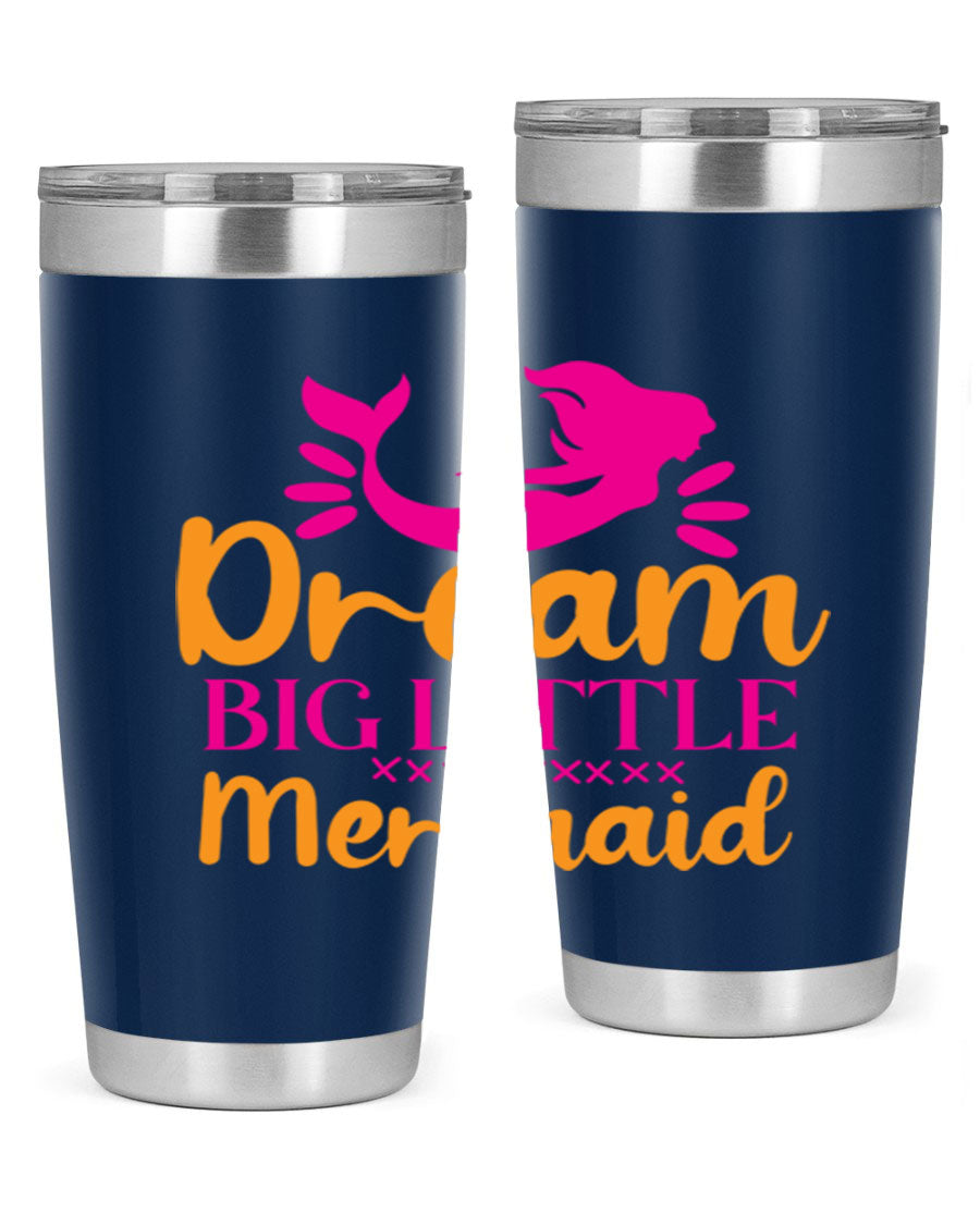 Dream Big Little Mermaid 20oz tumbler featuring a vibrant design, double wall vacuum stainless steel, and a press-in drink-thru lid.