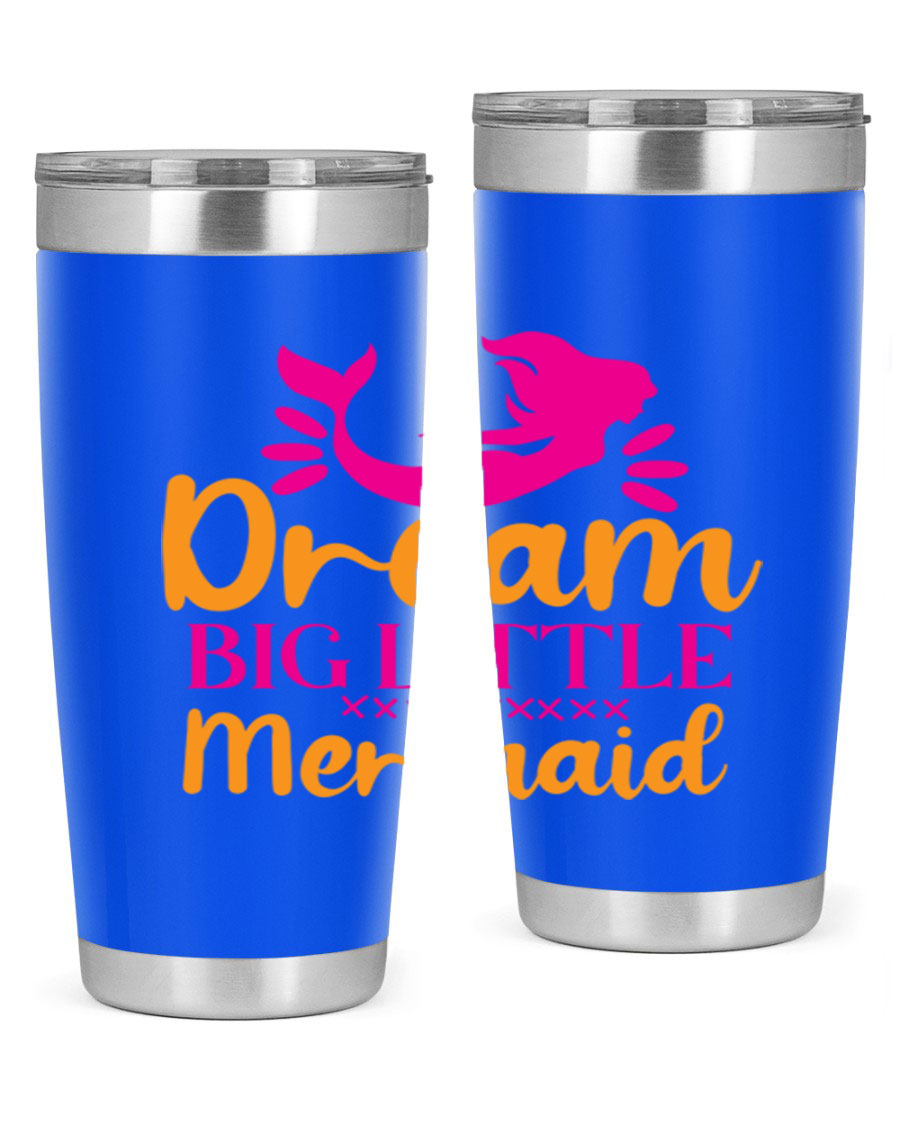 Dream Big Little Mermaid 20oz tumbler featuring a vibrant design, double wall vacuum stainless steel, and a press-in drink-thru lid.