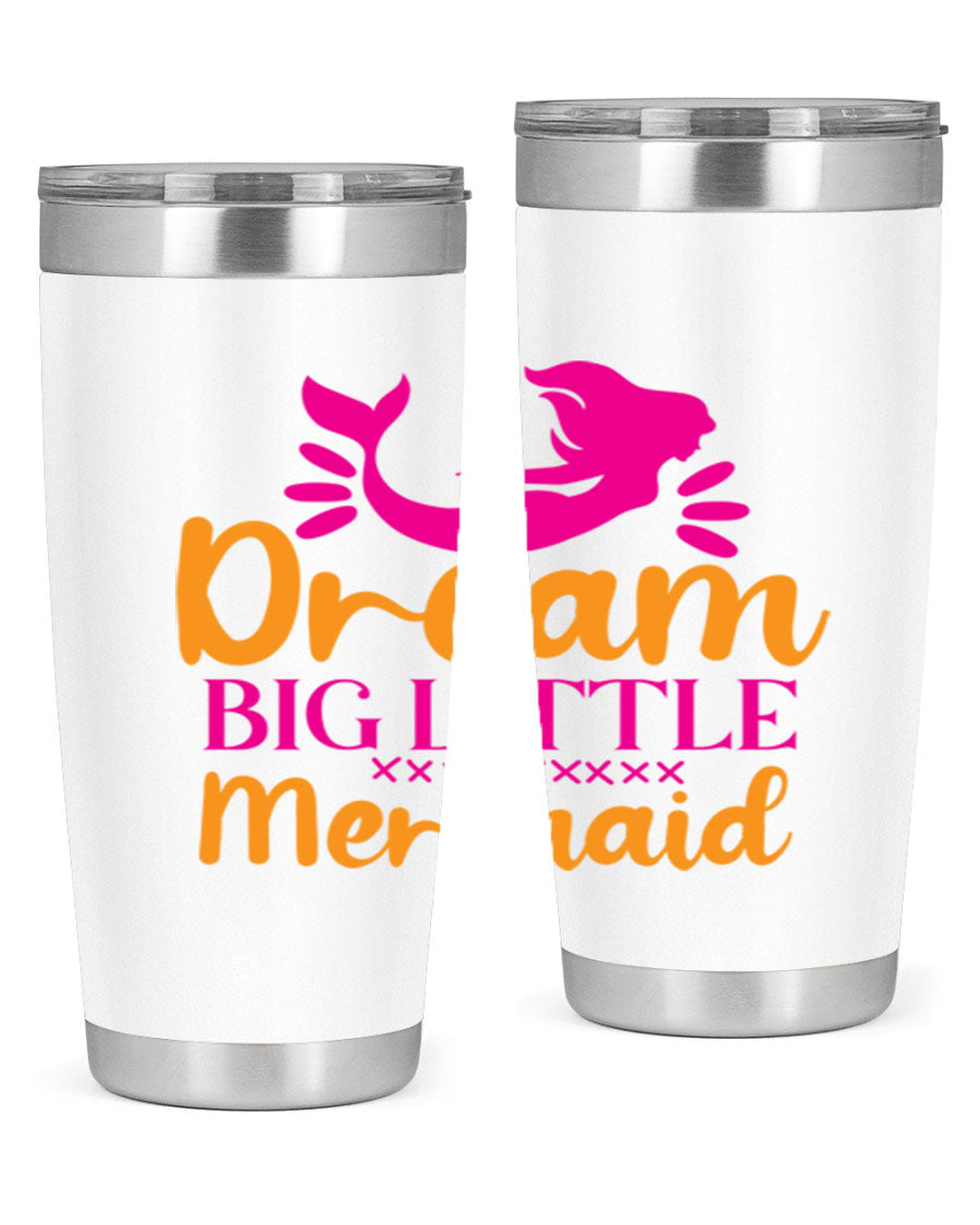 Dream Big Little Mermaid 20oz tumbler featuring a vibrant design, double wall vacuum stainless steel, and a press-in drink-thru lid.