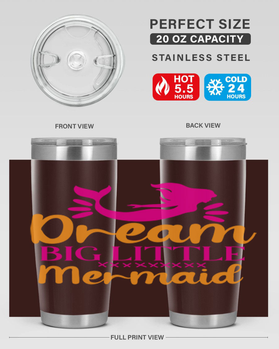 Dream Big Little Mermaid 20oz tumbler featuring a vibrant design, double wall vacuum stainless steel, and a press-in drink-thru lid.