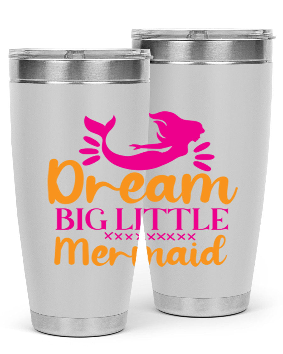 Dream Big Little Mermaid 20oz tumbler featuring a vibrant design, double wall vacuum stainless steel, and a press-in drink-thru lid.
