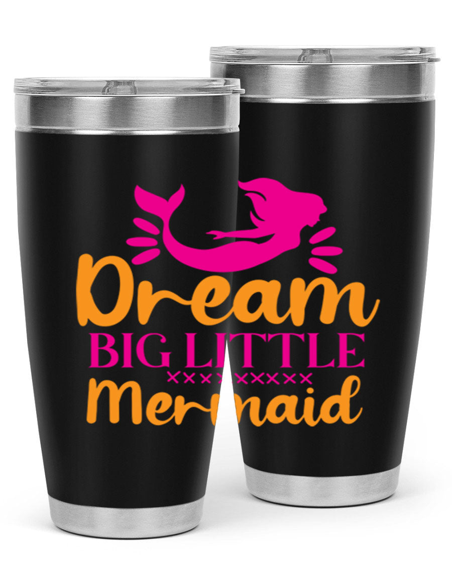Dream Big Little Mermaid 20oz tumbler featuring a vibrant design, double wall vacuum stainless steel, and a press-in drink-thru lid.