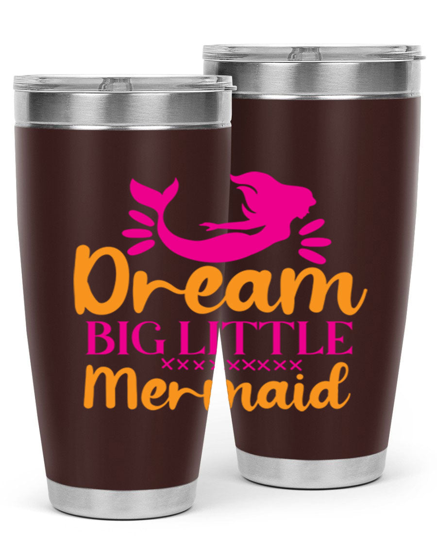 Dream Big Little Mermaid 20oz tumbler featuring a vibrant design, double wall vacuum stainless steel, and a press-in drink-thru lid.