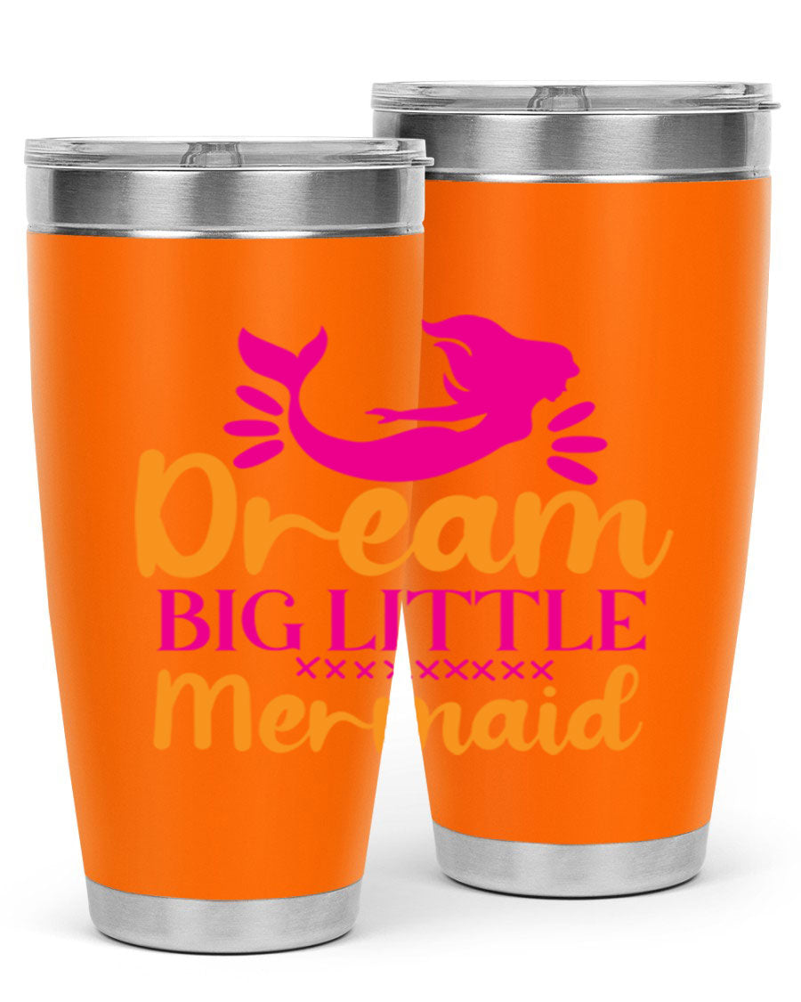 Dream Big Little Mermaid 20oz tumbler featuring a vibrant design, double wall vacuum stainless steel, and a press-in drink-thru lid.
