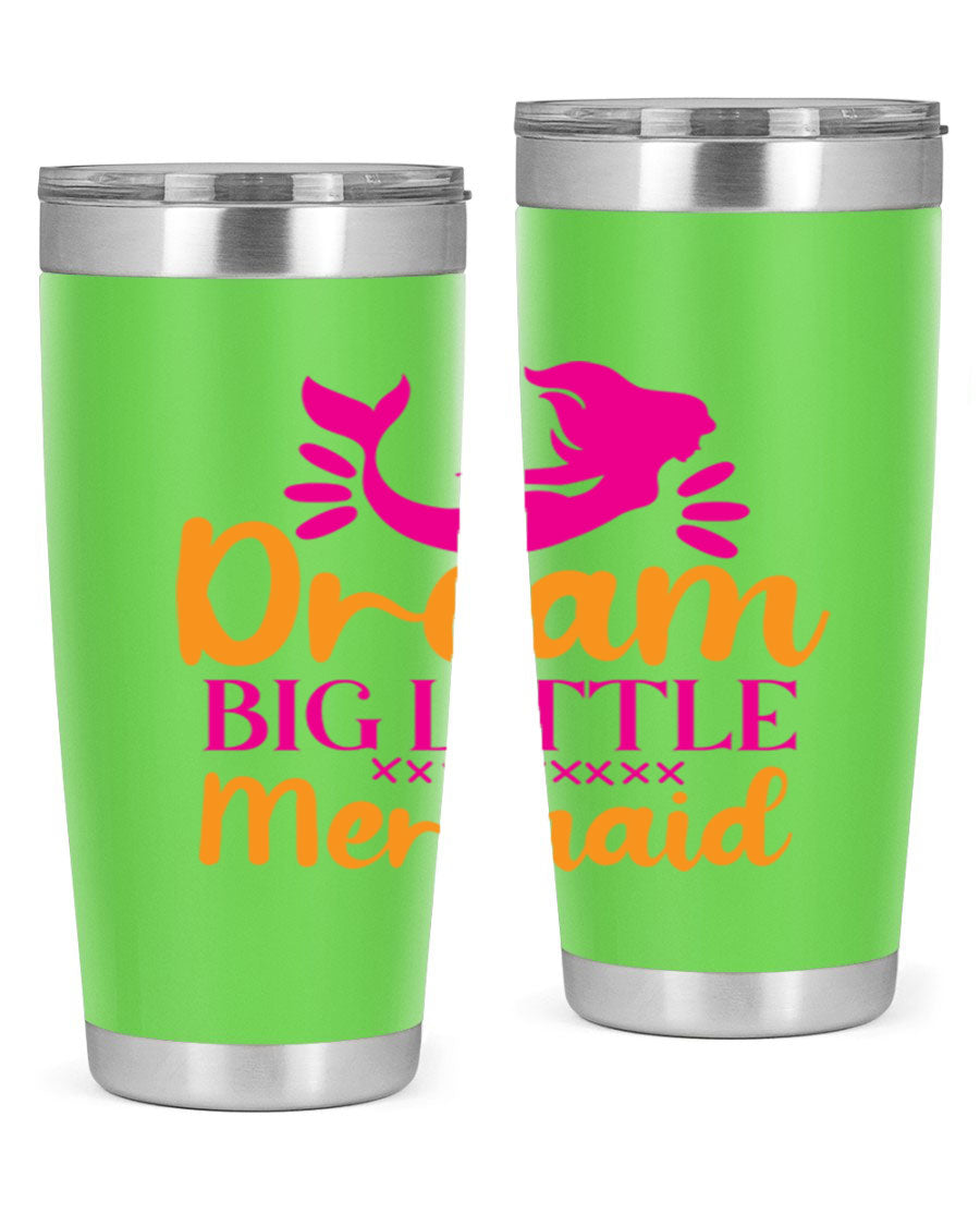 Dream Big Little Mermaid 20oz tumbler featuring a vibrant design, double wall vacuum stainless steel, and a press-in drink-thru lid.
