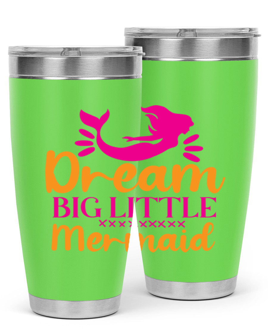 Dream Big Little Mermaid 20oz tumbler featuring a vibrant design, double wall vacuum stainless steel, and a press-in drink-thru lid.