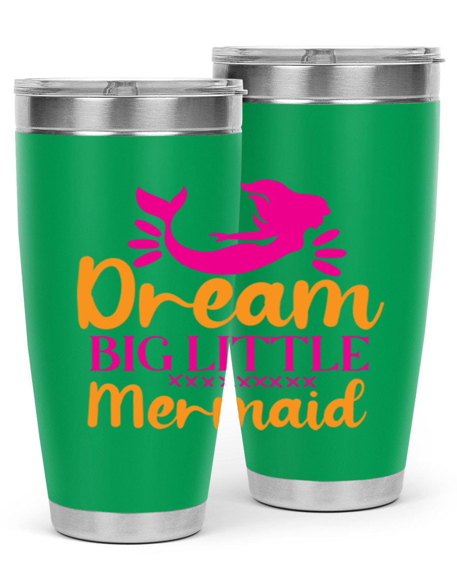 Dream Big Little Mermaid 20oz tumbler featuring a vibrant design, double wall vacuum stainless steel, and a press-in drink-thru lid.