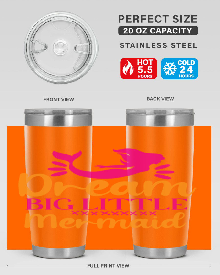 Dream Big Little Mermaid 20oz tumbler featuring a vibrant design, double wall vacuum stainless steel, and a press-in drink-thru lid.