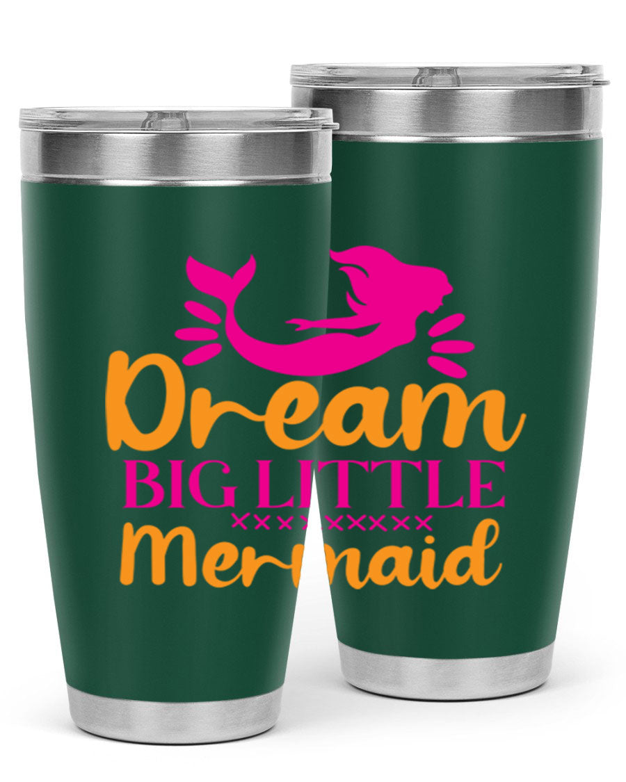 Dream Big Little Mermaid 20oz tumbler featuring a vibrant design, double wall vacuum stainless steel, and a press-in drink-thru lid.