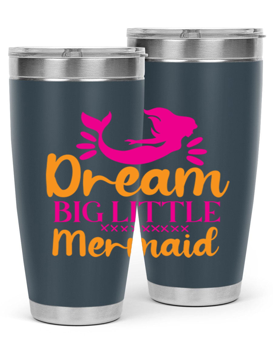 Dream Big Little Mermaid 20oz tumbler featuring a vibrant design, double wall vacuum stainless steel, and a press-in drink-thru lid.