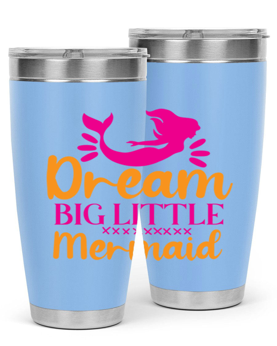 Dream Big Little Mermaid 20oz tumbler featuring a vibrant design, double wall vacuum stainless steel, and a press-in drink-thru lid.
