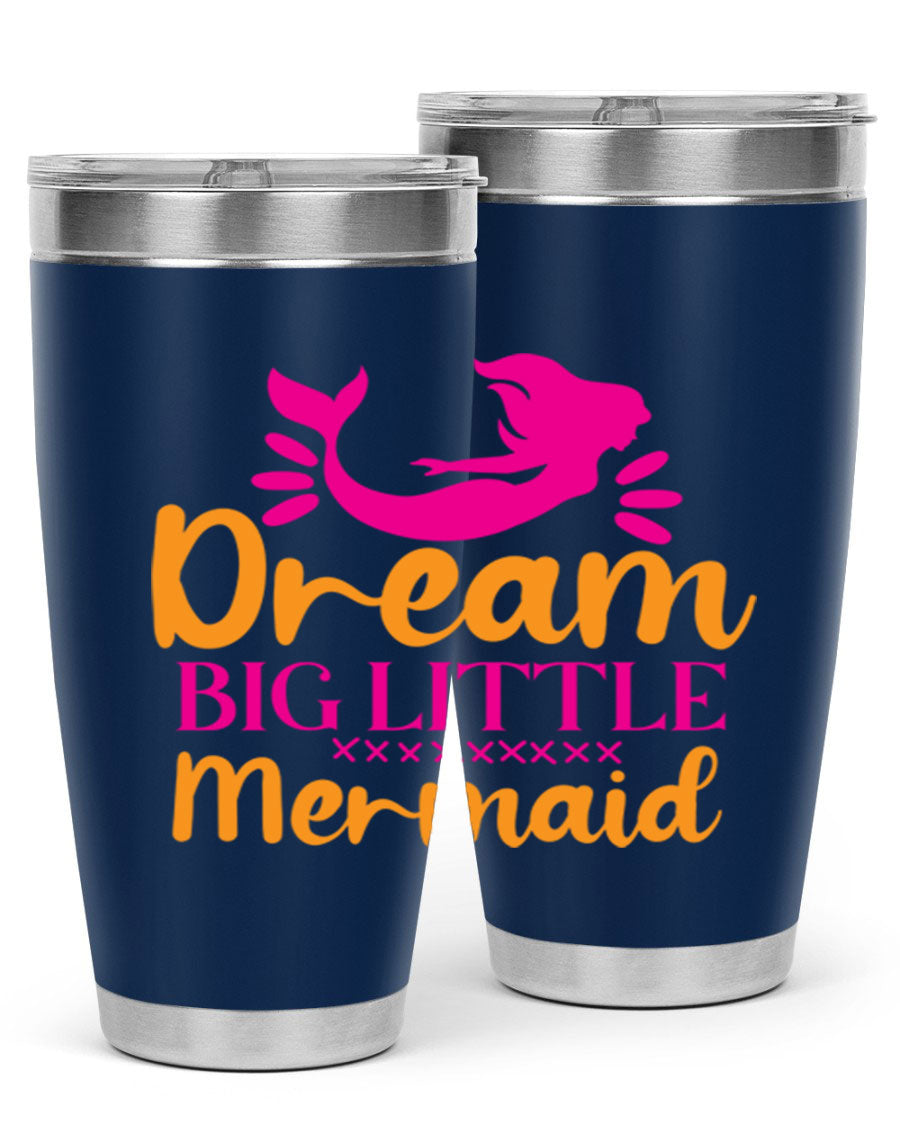 Dream Big Little Mermaid 20oz tumbler featuring a vibrant design, double wall vacuum stainless steel, and a press-in drink-thru lid.
