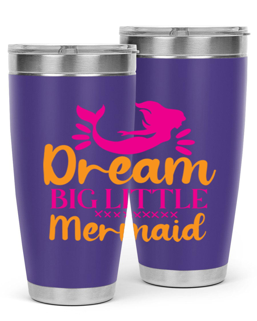 Dream Big Little Mermaid 20oz tumbler featuring a vibrant design, double wall vacuum stainless steel, and a press-in drink-thru lid.