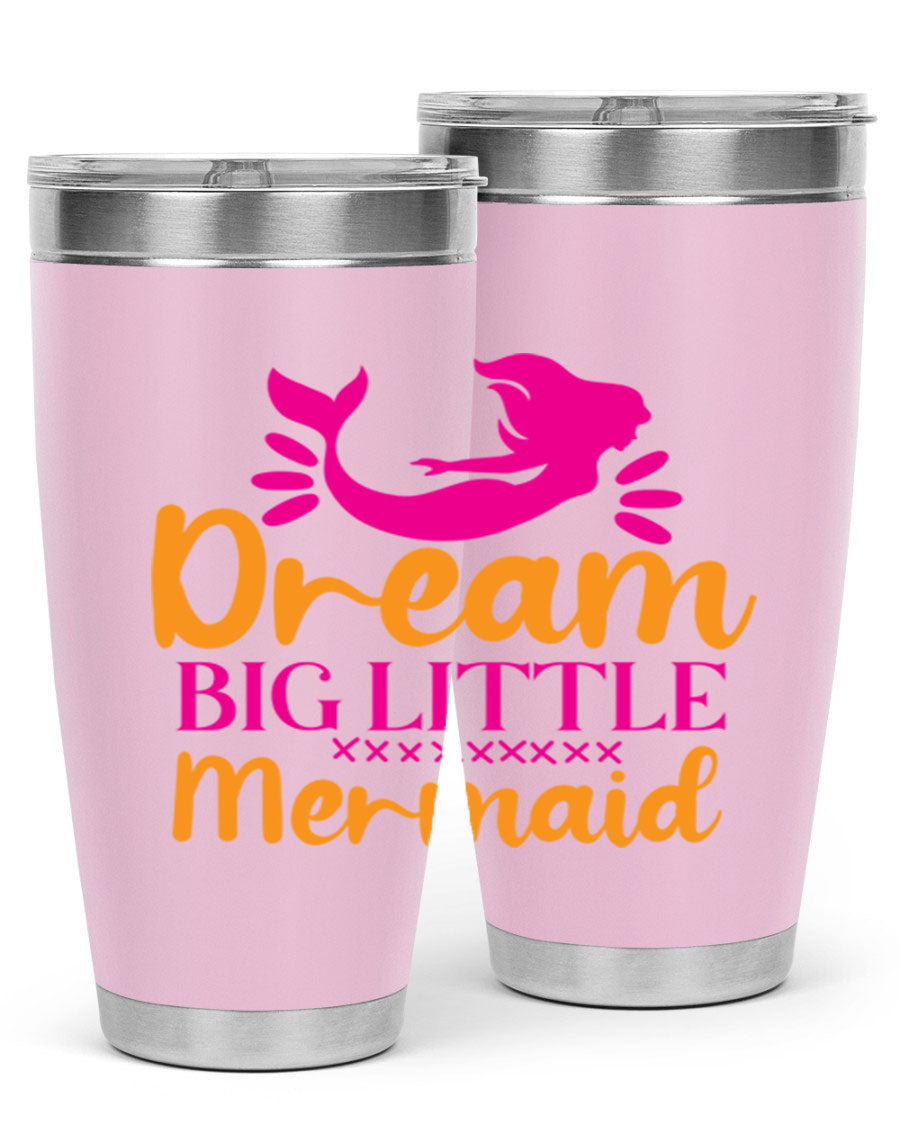 Dream Big Little Mermaid 20oz tumbler featuring a vibrant design, double wall vacuum stainless steel, and a press-in drink-thru lid.