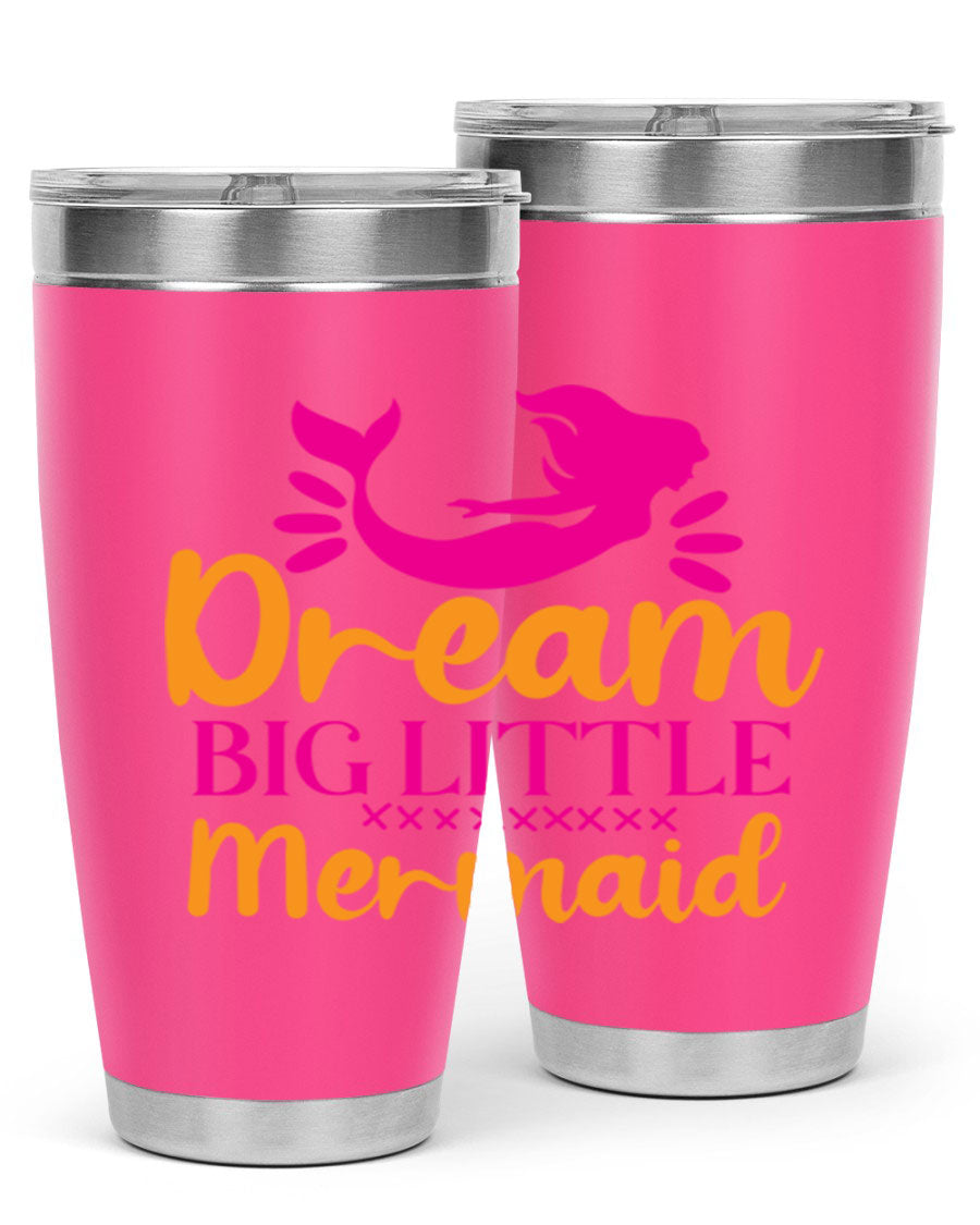 Dream Big Little Mermaid 20oz tumbler featuring a vibrant design, double wall vacuum stainless steel, and a press-in drink-thru lid.