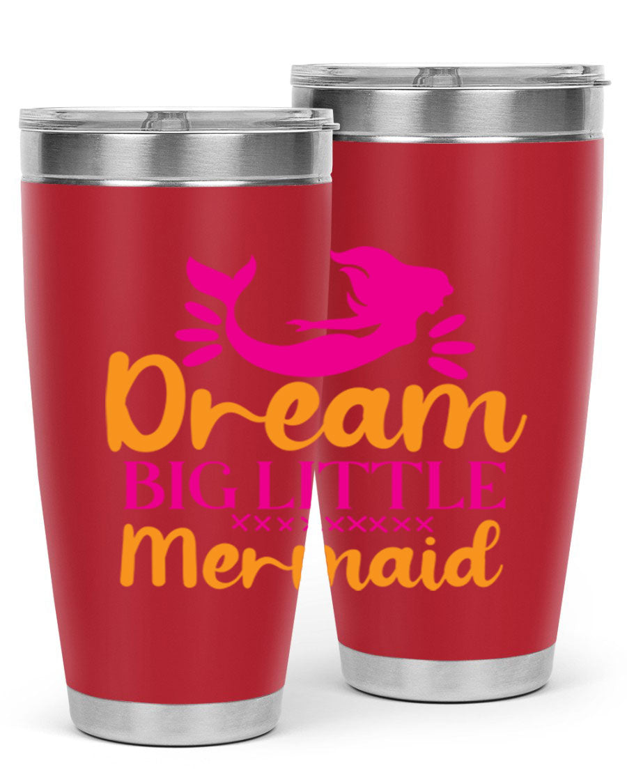 Dream Big Little Mermaid 20oz tumbler featuring a vibrant design, double wall vacuum stainless steel, and a press-in drink-thru lid.