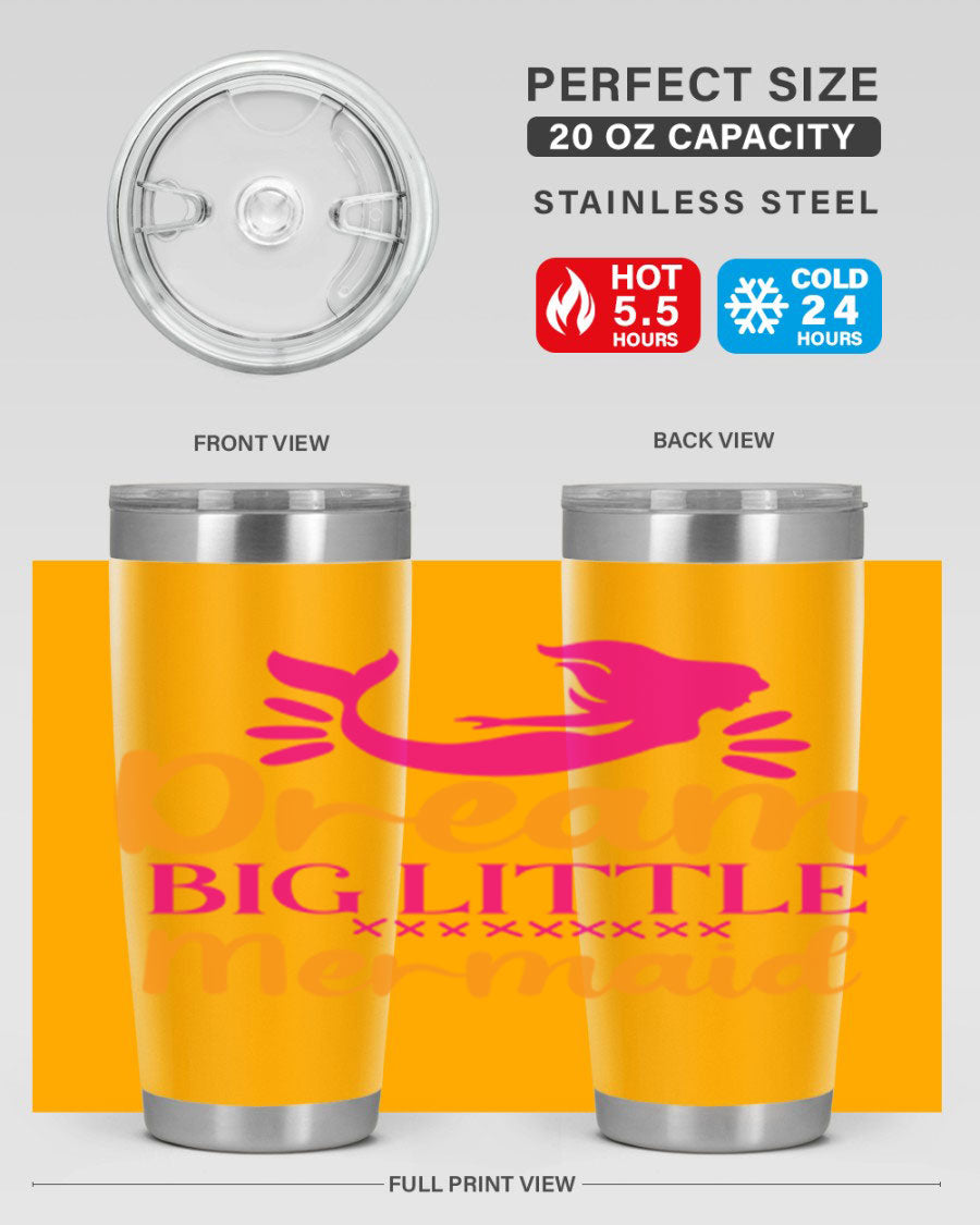 Dream Big Little Mermaid 20oz tumbler featuring a vibrant design, double wall vacuum stainless steel, and a press-in drink-thru lid.