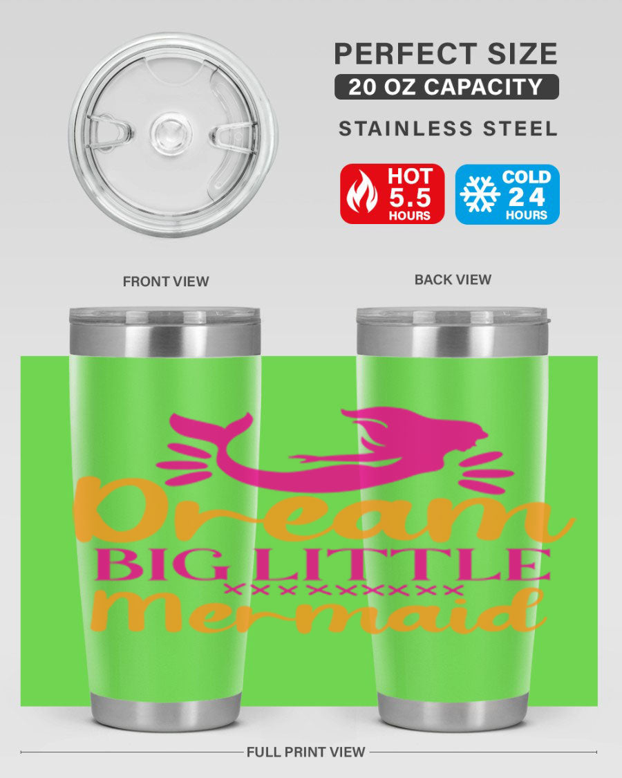 Dream Big Little Mermaid 20oz tumbler featuring a vibrant design, double wall vacuum stainless steel, and a press-in drink-thru lid.