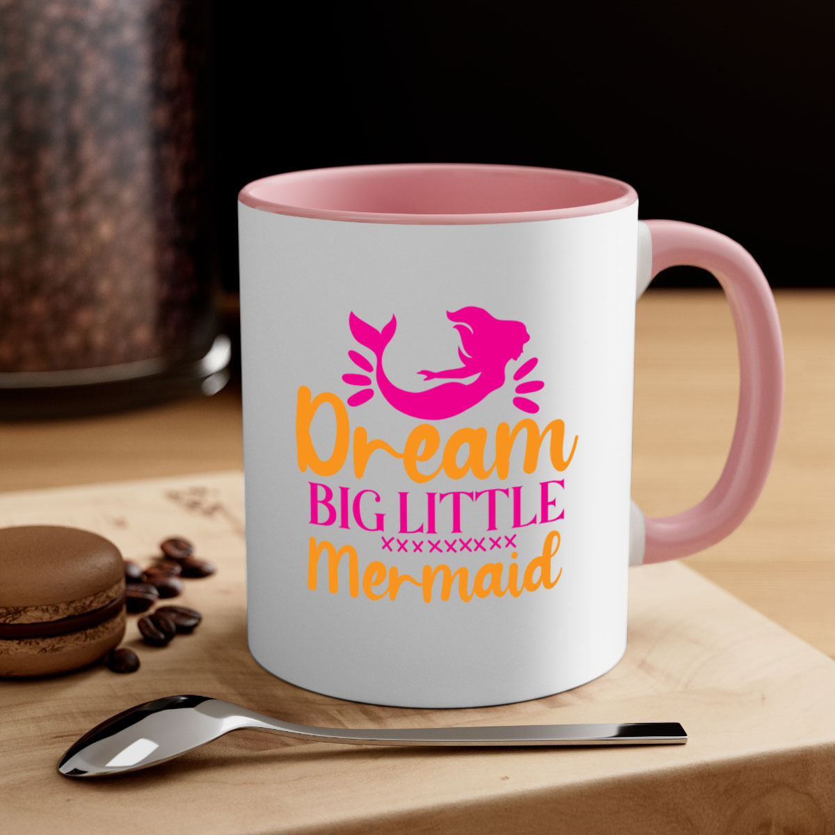 Dream Big Little Mermaid Mug with colorful handle and glossy finish, available in multiple colors and sizes.