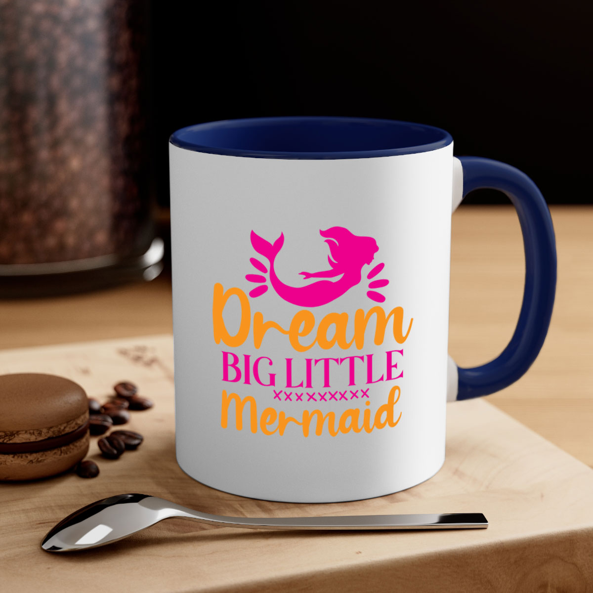 Dream Big Little Mermaid Mug with colorful handle and glossy finish, available in multiple colors and sizes.