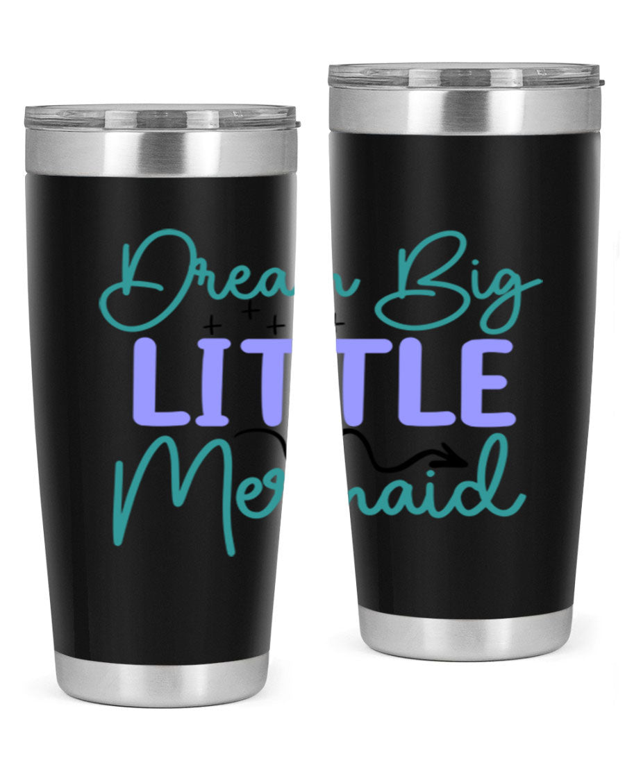 Dream Big Little Mermaid 20oz tumbler featuring a vibrant design, double wall vacuum insulation, and a convenient drink-thru lid.