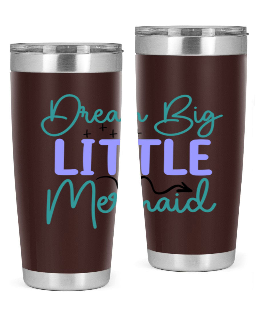 Dream Big Little Mermaid 20oz tumbler featuring a vibrant design, double wall vacuum insulation, and a convenient drink-thru lid.