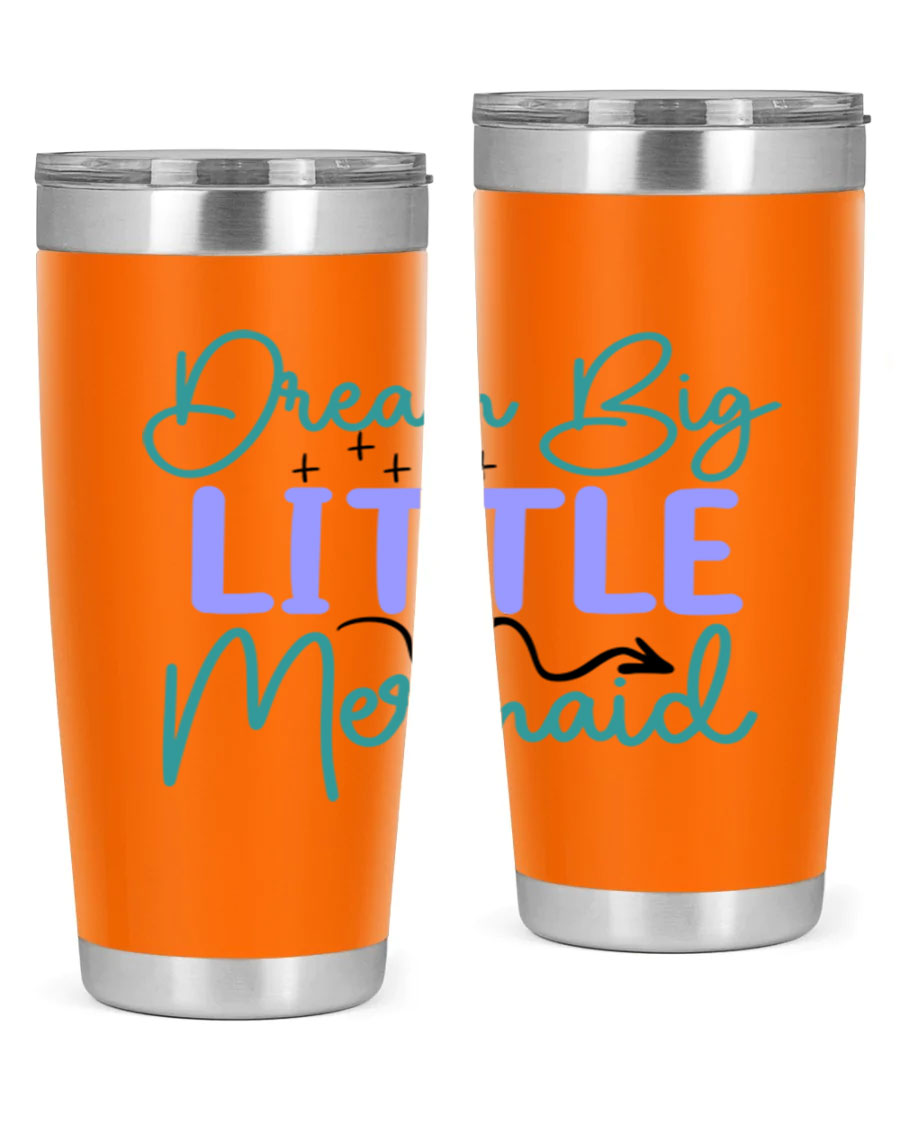 Dream Big Little Mermaid 20oz tumbler featuring a vibrant design, double wall vacuum insulation, and a convenient drink-thru lid.