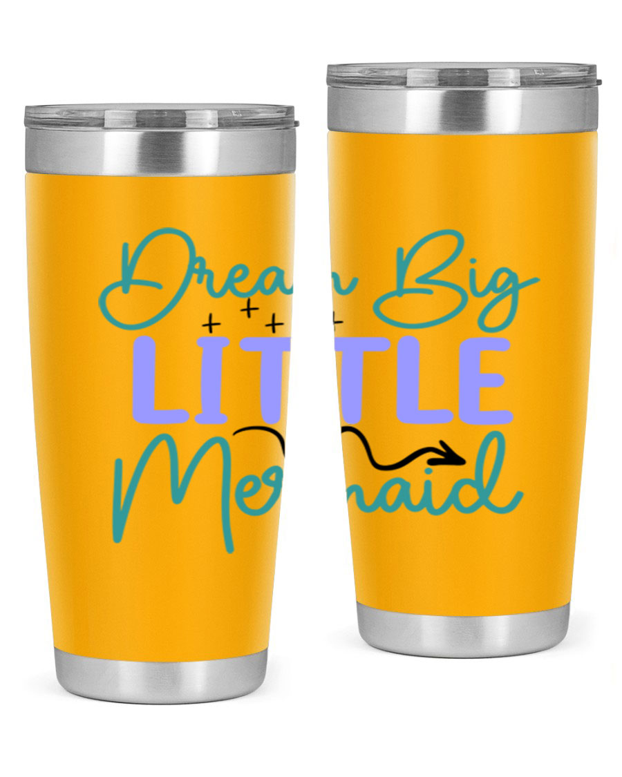 Dream Big Little Mermaid 20oz tumbler featuring a vibrant design, double wall vacuum insulation, and a convenient drink-thru lid.