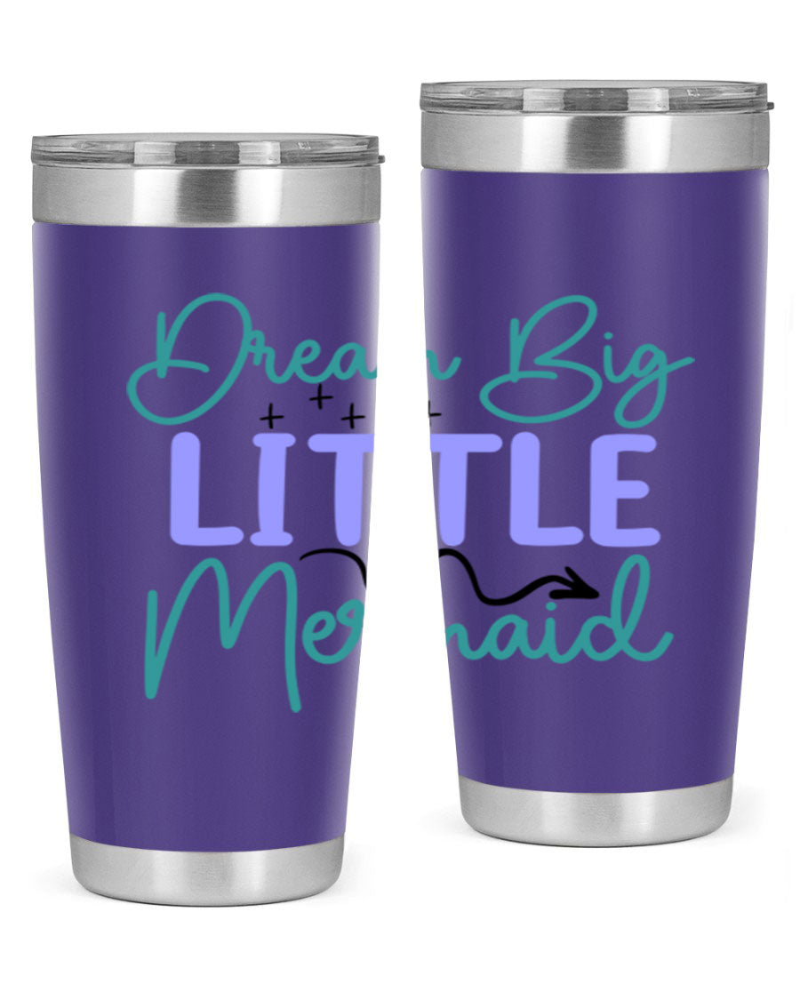 Dream Big Little Mermaid 20oz tumbler featuring a vibrant design, double wall vacuum insulation, and a convenient drink-thru lid.