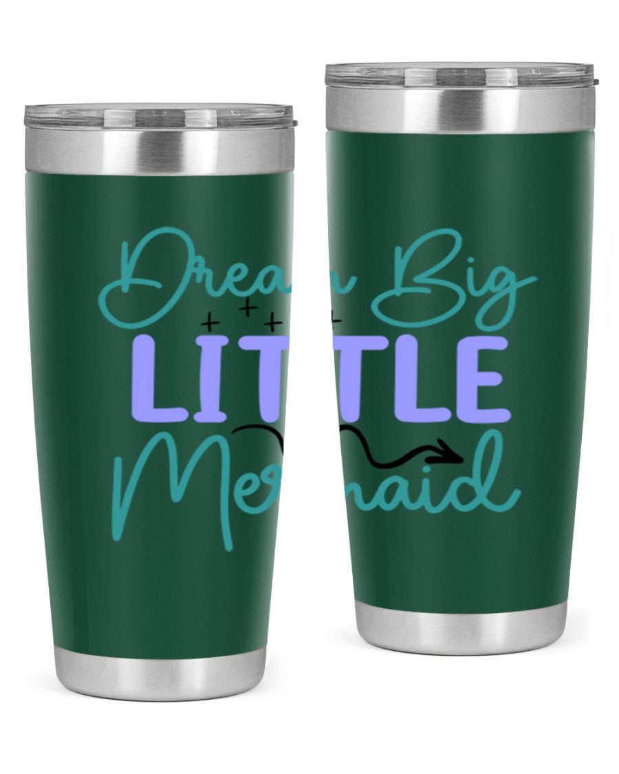 Dream Big Little Mermaid 20oz tumbler featuring a vibrant design, double wall vacuum insulation, and a convenient drink-thru lid.