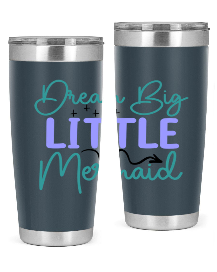 Dream Big Little Mermaid 20oz tumbler featuring a vibrant design, double wall vacuum insulation, and a convenient drink-thru lid.