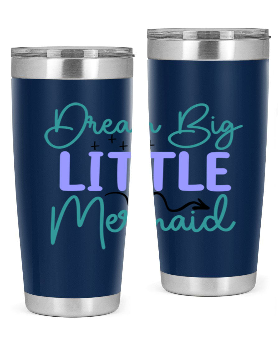 Dream Big Little Mermaid 20oz tumbler featuring a vibrant design, double wall vacuum insulation, and a convenient drink-thru lid.