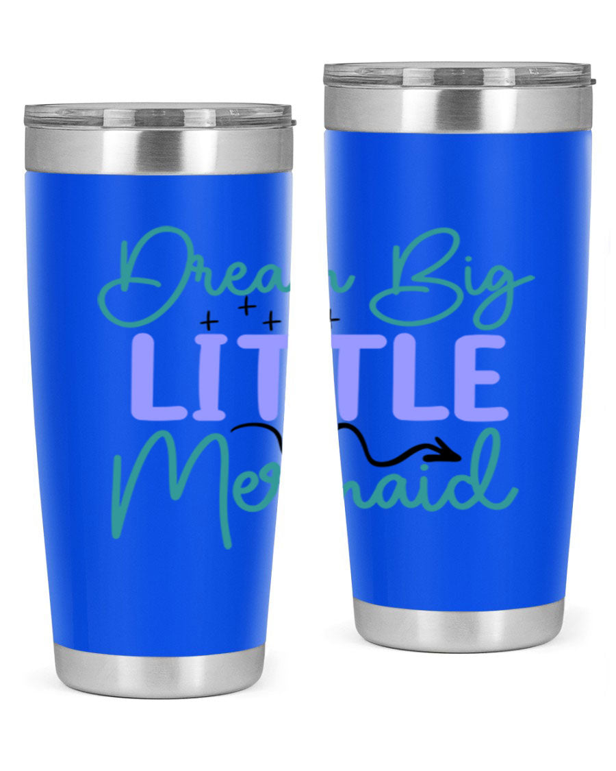 Dream Big Little Mermaid 20oz tumbler featuring a vibrant design, double wall vacuum insulation, and a convenient drink-thru lid.