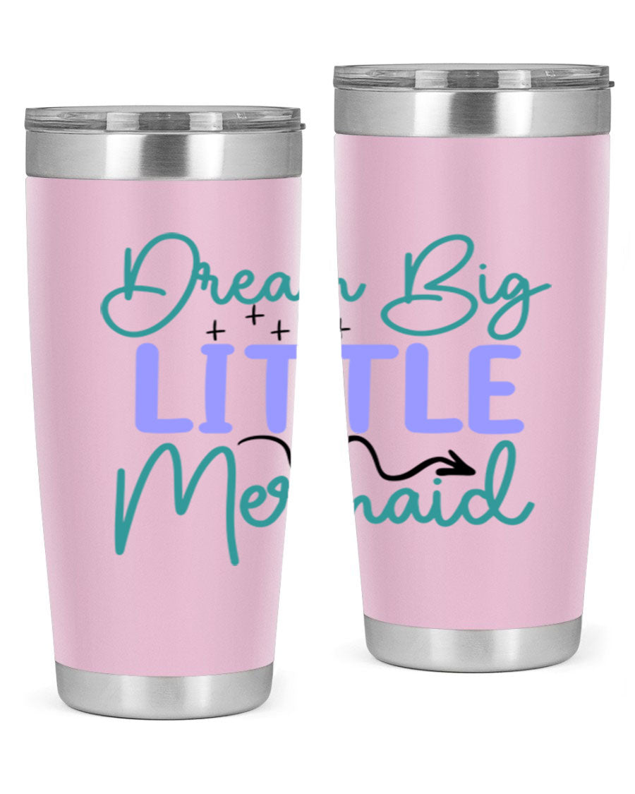 Dream Big Little Mermaid 20oz tumbler featuring a vibrant design, double wall vacuum insulation, and a convenient drink-thru lid.