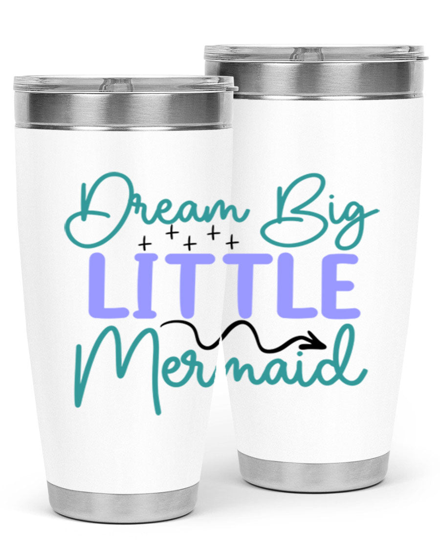 Dream Big Little Mermaid 20oz tumbler featuring a vibrant design, double wall vacuum insulation, and a convenient drink-thru lid.