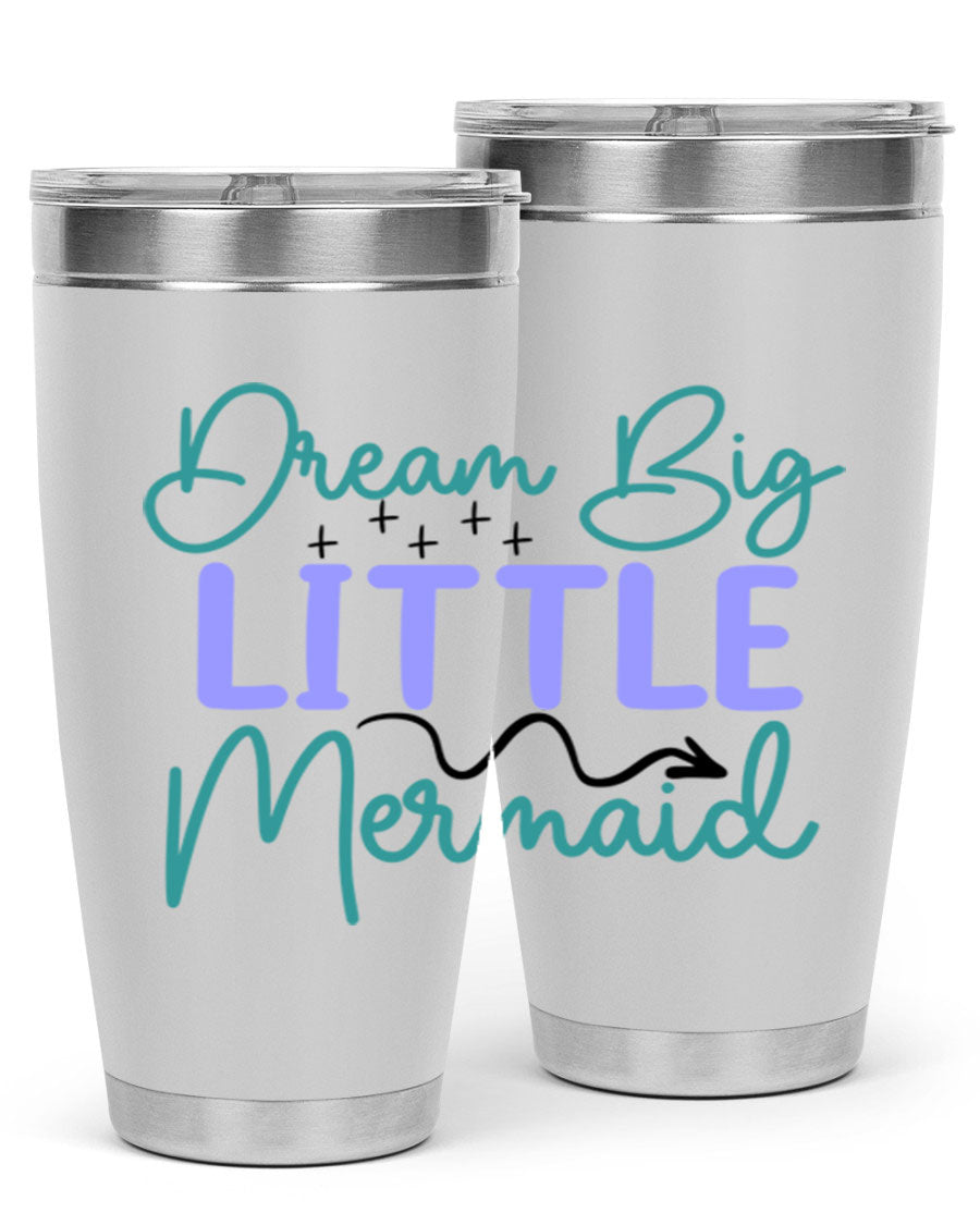 Dream Big Little Mermaid 20oz tumbler featuring a vibrant design, double wall vacuum insulation, and a convenient drink-thru lid.